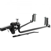 Black weight distribution hitch with sway control, 1000 lbs capacity, and hitch ball.
