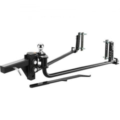 Black weight distribution hitch with sway control, 1000 lbs capacity, and hitch ball.
