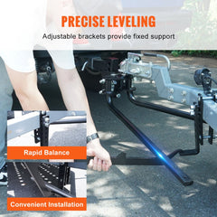 Black weight distribution hitch with adjustable brackets and sway control for precise leveling.