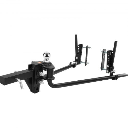 Black weight distribution hitch with sway control, 1500 lbs capacity, and hitch ball.