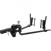 Black weight distribution hitch with sway control, 1500 lbs capacity, and hitch ball.
