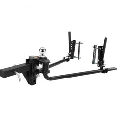 Black weight distribution hitch with sway control, 1500 lbs capacity, and hitch ball.