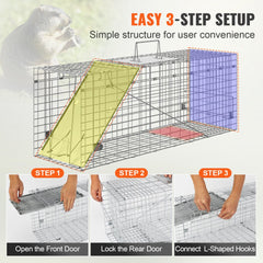 Humane live animal trap made of galvanized iron, measures 31" with a folding design.