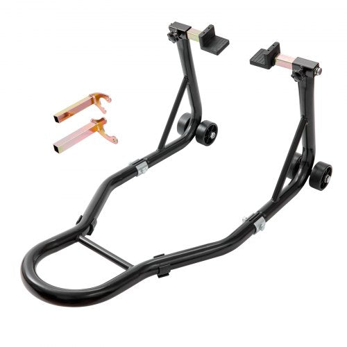 Black heavy-duty rear wheel stand with U and L fork heads and wheels.