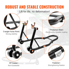 Black heavy-duty rear wheel stand with U and L fork heads, 3-angle support, and PP casters.