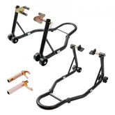 Black motorcycle front and rear lift stand with adjustable fork heads and heavy-duty steel construction.