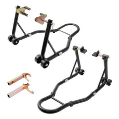 Black motorcycle front and rear lift stand with adjustable fork heads and heavy-duty steel construction.