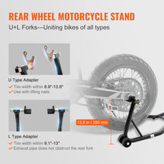 Black motorcycle front and rear combo lift stand with adjustable fork heads and heavy-duty steel.