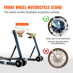 Black motorcycle front and rear combo lift stand with adjustable fork heads and heavy-duty steel.