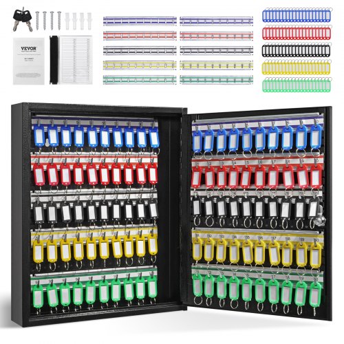 Open black steel key cabinet with 100 hooks, colorful tags, and wall-mount kit.