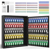 Open black steel key cabinet with 100 hooks, colorful tags, and wall-mount kit.