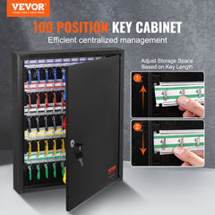 Black steel key cabinet with open door showing 100 adjustable hooks and color-coded tags.