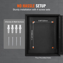 Wall-mounted steel key lock box with adjustable racks, 4 screws and anchors, and dimensions shown.