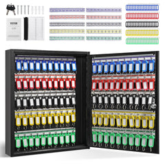 Open black steel key cabinet with 100 hooks, colorful tags, and wall-mount kit.