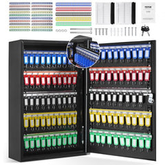 Black steel lock box with 200 key hooks, adjustable racks, colorful tags, and a secure door lock.