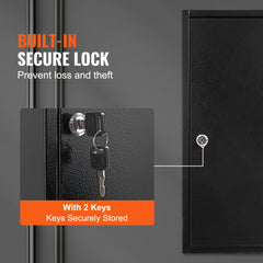 A black steel lock box with a built-in secure lock and two keys.