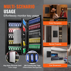 Steel lock box with 200 colorful key tags, adjustable racks, and multi-scenario usage illustrations.
