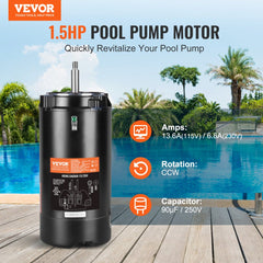 Black 1.5 HP pool pump motor with 56J frame, 115/230V, 3450 RPM, on poolside deck.