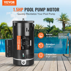 Black 1.5HP pool pump motor with 115/230V dual voltage, 56Y frame, and 3450 RPM speed.