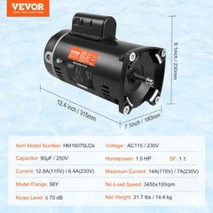 Black 1.5 HP pool pump motor with 56Y flange, 115/230V, 3450 RPM, and dimensions shown.