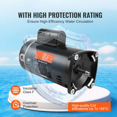 Black 1 HP pool pump motor with 56Y frame, orange label, on blue background.