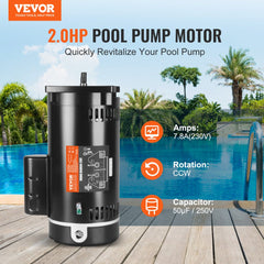 Black 2HP pool pump motor with 56Y frame, 230V, 3450 RPM, on a wooden surface by a pool.