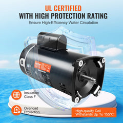Black 2HP pool pump motor with 56Y frame, 230V, 3450 RPM, on blue background.