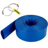 Heavy duty blue PVC lay flat discharge hose, 3" diameter, 105' long, flexible and durable.