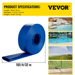 Blue 1-1/2 inch diameter PVC lay flat discharge hose, 105 feet long, shown coiled with specs.