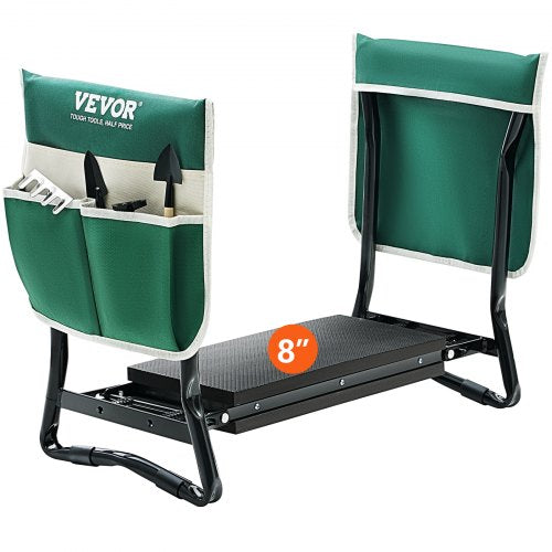 Green Bostome garden kneeler and seat with EVA pad, tool pouches, and steel frame.