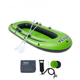 Bostome 3-person inflatable fishing boat with thick PVC, oars, and integrated rod holders.