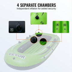 Bostome 3-person inflatable fishing boat in PVC with oars and integrated rod holders.