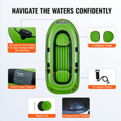 Three-person inflatable fishing boat made of thick PVC with oars and integrated rod holders.