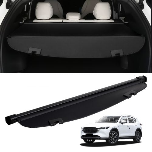 Black nylon retractable cargo cover for Mazda CX-5, designed for secure storage and privacy.