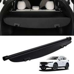 Black nylon retractable cargo cover for Mazda CX-5, designed for secure storage and privacy.