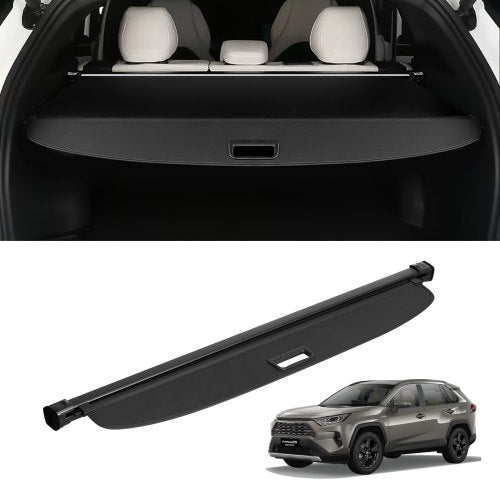 Black nylon retractable cargo cover for Toyota RAV4 2019-2024, providing privacy and organization.