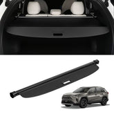 Black nylon retractable cargo cover for Toyota RAV4 2019-2024, providing privacy and organization.