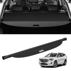 Black retractable cargo cover for GMC Terrain and Chevy Equinox, shown installed and standalone.
