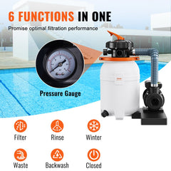Bostome 10-inch sand filter pump with a copper-wire motor and multi-port valve for pool maintenance.