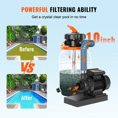 10-inch sand filter pump with a copper-wire motor and multi-port valve for pool maintenance.