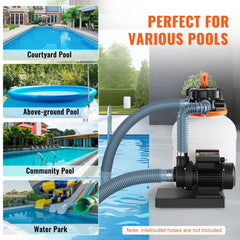 Collage showing Bostome 0.35HP sand filter pump in various pool settings like courtyard, above-ground, community, and water park.