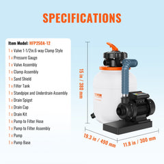 Bostome 0.35HP sand filter pump with 1585 GPH flow for above ground pools, showing components and dimensions.