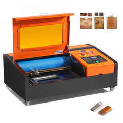 Orange and black 40W CO2 desktop laser engraver with open lid, blue roller, control panel, and sample engravings.