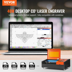 40W CO2 desktop laser engraver with 12x8 inch work area and software interface.