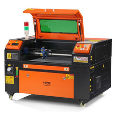 Orange Bostome 50W CO2 laser engraver with open lid, green window, and control panel.