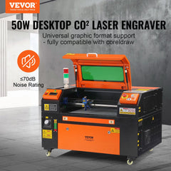 Bostome 50W CO2 laser engraver cutter with open orange lid and 12x20 inch work area.
