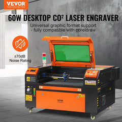 Orange 60W CO2 laser engraver with open green lid, digital controls, and 16x24in work area.
