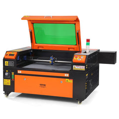 Orange Bostome 80W CO2 laser engraver cutter with open lid, green bed, and 20x28in working area.