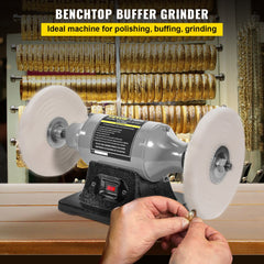 Bostome 8-inch bench buffer polisher with 370W motor, 3450 RPM, dual cotton wheels, and cast-iron base.