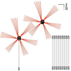 33ft chimney sweep kit with flexible nylon rods, two red brush heads, and drill adapter.